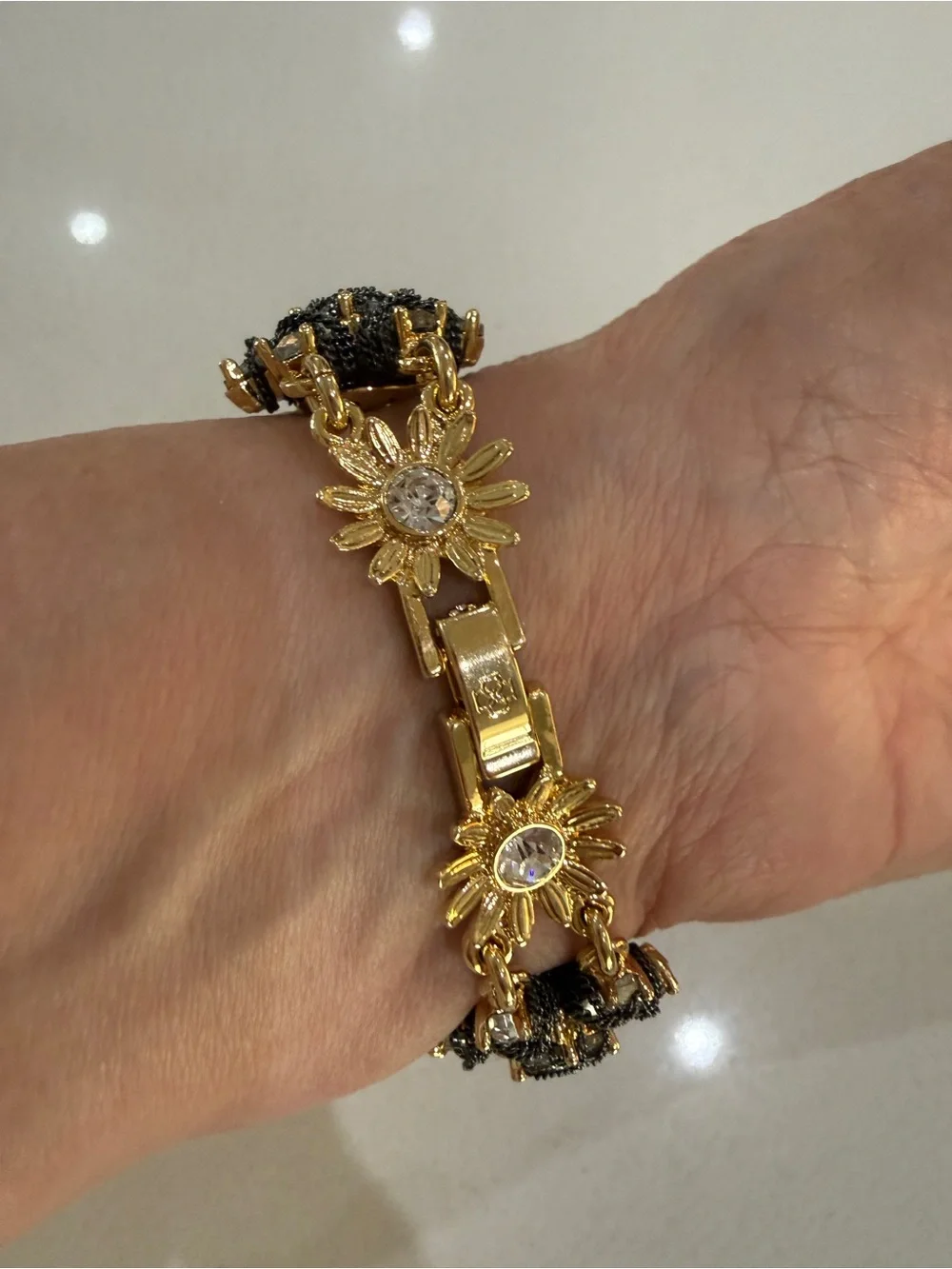 Ann Taylor Gold and Black Crystal Floral Bracelet